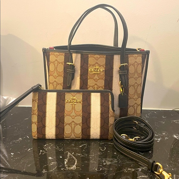 NWT & NWOT Coach Brown/ Cream Stripe Mollie 25 Tote C8416 with Matching Wallet! - Picture 1 of 10